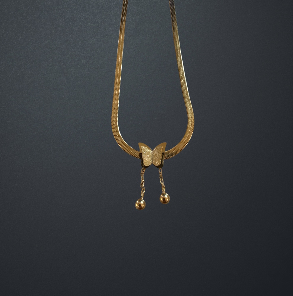 Gold Stainless Steel Butterfly Herringbone Necklace image 3