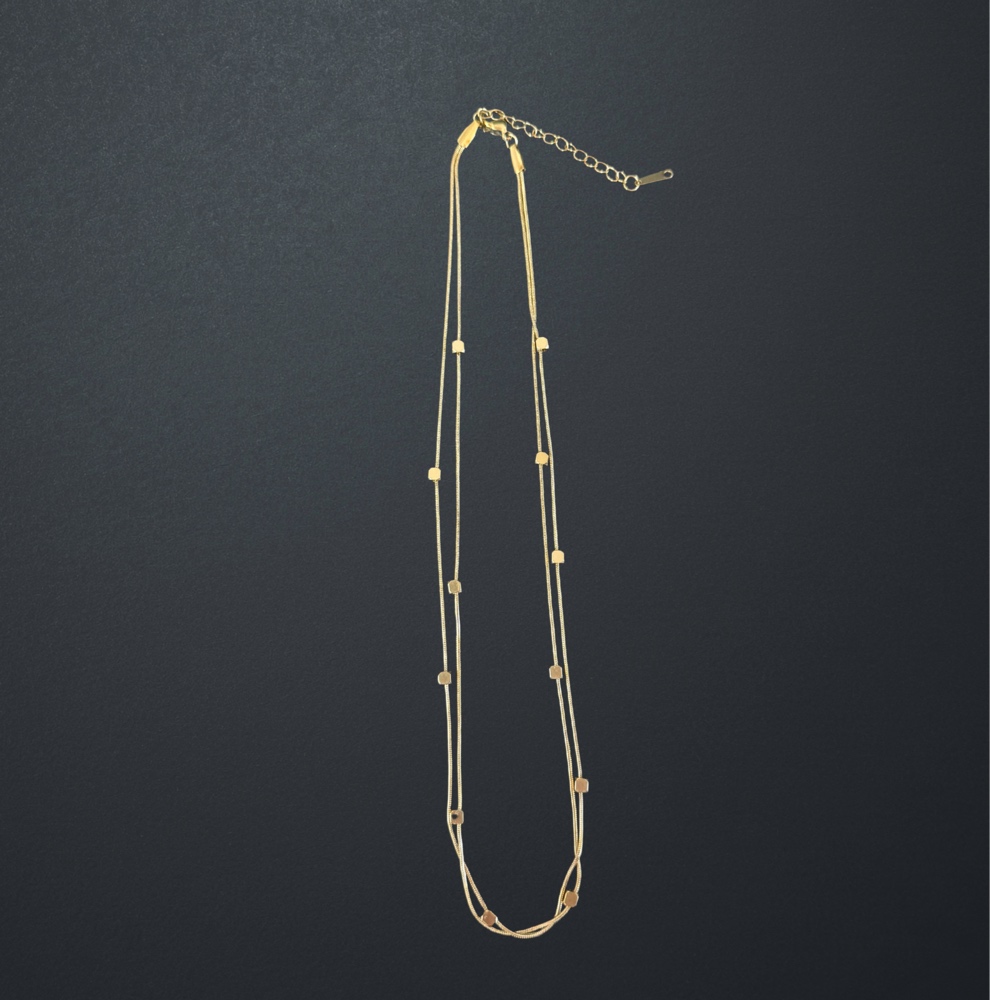 Gold Stainless Steel Double-Layer Cube Bead Necklace